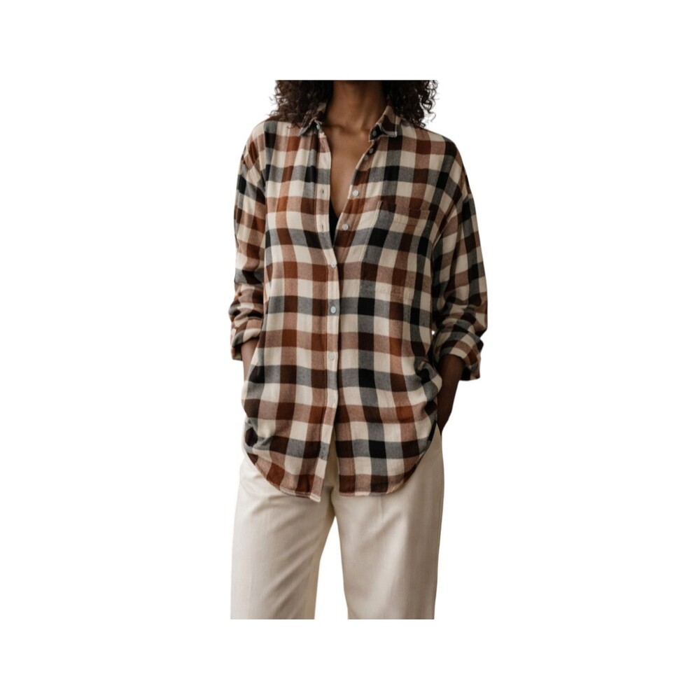 LOFT Outlet Plaid Button Down Blouse XS Rust Cream